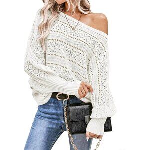 Women’s White Off Shoulder Batwing Crochet Sweater Top, Fall Trendy